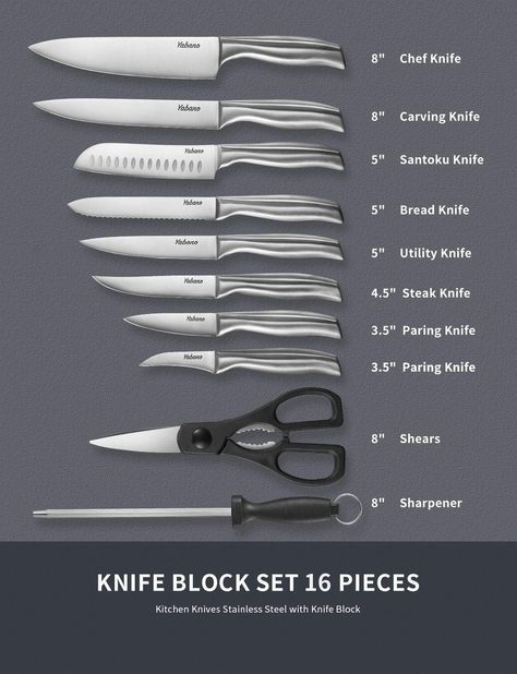 A good set of knives is a must in the kitchen and with this 16 piece stainless steel set you will be set up for life.16 Piece Kitchen Knifes Set with Block Wooden, German High-Carbon Stainless Steel Chef Knife, Steak Knives, Meat Scissors, Knife Sharpener by Yabano Best Knife Block Set, Butcher Knife Set, Chef Knives Professional, Damascus Kitchen Knives Set, How To Sharpen Scissors, Damascus Kitchen Knives, Kitchen Shears, Chef Knife Set, Knife Block Set