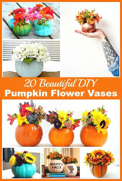 20 Beautiful DIY Pumpkin Flower Vases Pumpkin Planters, Leather Pumpkin, Real Pumpkins, Diy Pumpkins, Craft Pumpkins, Vases Centerpieces, Unique Flower Vases, Real Fake, Pumpkin Planter