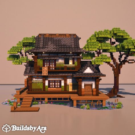 A traditional japanese house with greent tones. Now available on my Patreon as a Tier 1 build! Bakery House Minecraft, Minecraft Japanese Village Layout, Mc Library Build, Minecraft Houses Green, Japanese Walls Minecraft, Minecraft Slanted Roof, Korean Minecraft House, Minecraft House For 2, Mc Staircase