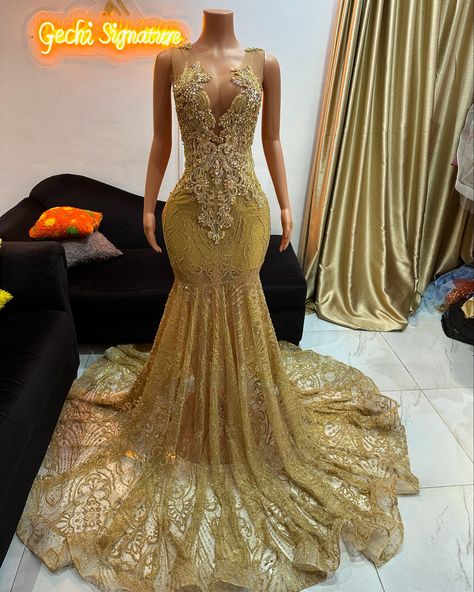 Champagne gold 🔥 #clientorder❤️ Available for pre-order in a variety of colors and sizes. Have you booked yet? #prom2025 is Open!🪡 Having trouble finding custom dresses that flatter your body? All you need to do is bring your idea/inspiration & I’ll customize that into reality. @gechisignature is here to make you look fabulous. For inquiries, send a DM or Email📨 gechisignature@gmail.com Don’t wait to book.. book and wait for us to create magic. #promdressforsale #customdesigner #prom2k25 ... Gold Custom Prom Dress, Gold Wedding Dress Champagne, Gold Fantasy Dress, Gold Prom Dresses Black Women, Gold Rhinestone Dress, Gold Dress Prom, Shimmery Dresses, Golden Prom Dress, Gold Wedding Dresses