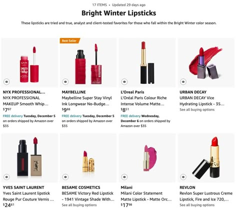 Bright-Winter-Lipsticks_Amazon Clear Winter Lipstick Colors, Bright Winter Lipstick Colors, Bright Winter Color Palette Makeup, Bright Winter Aesthetic, Bright Winter Lipstick, True Winter Lipstick, Clear Winter Palette, Winter Lipstick Colors, Bright Winter Makeup