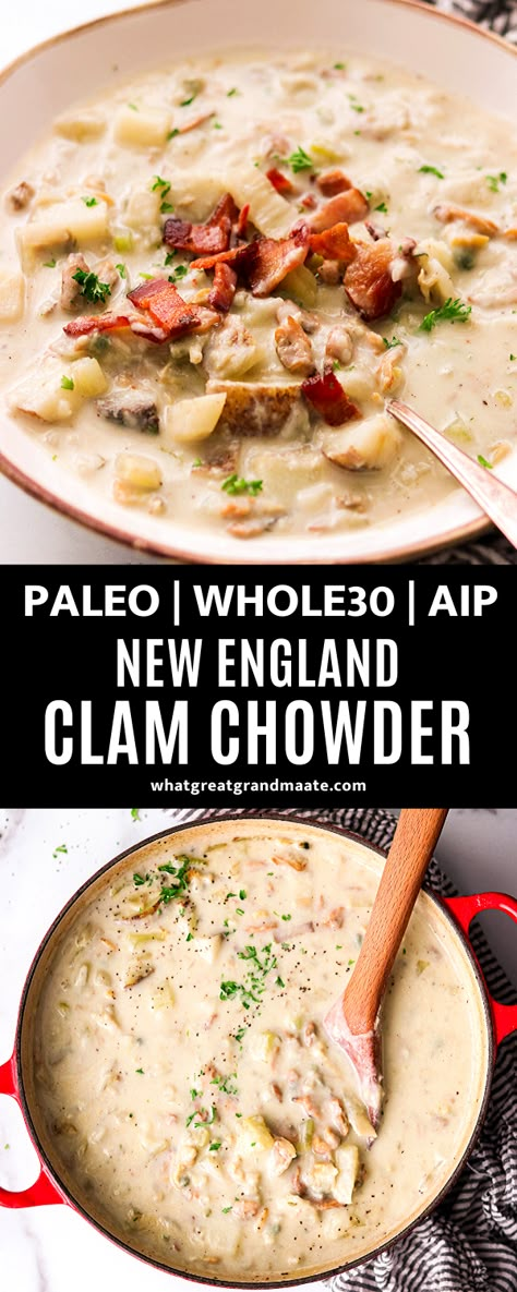 Whole 30 Clam Chowder Recipe, Whole 30 Clam Chowder, Aip Clam Chowder, Paleo Seafood Chowder, Clam Chowder Dairy Free, Whole30 Seafood Recipes, Whole 30 Seafood Chowder, Paleo Clam Chowder, Dairy Free Chowder Recipes