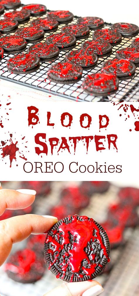 4 Totally Creepy Halloween Treats for Your Parties .  These Blood Spatter OREO Cookies are epic. #BootasticHalloween #ad Strašidelný Halloween, Creepy Halloween Party, Halloween Party Treats, Dulces Halloween, Halloween Decor Diy, Easy Halloween Party, Halloween Fest, Halloween Party Ideas, Spooky Halloween Party