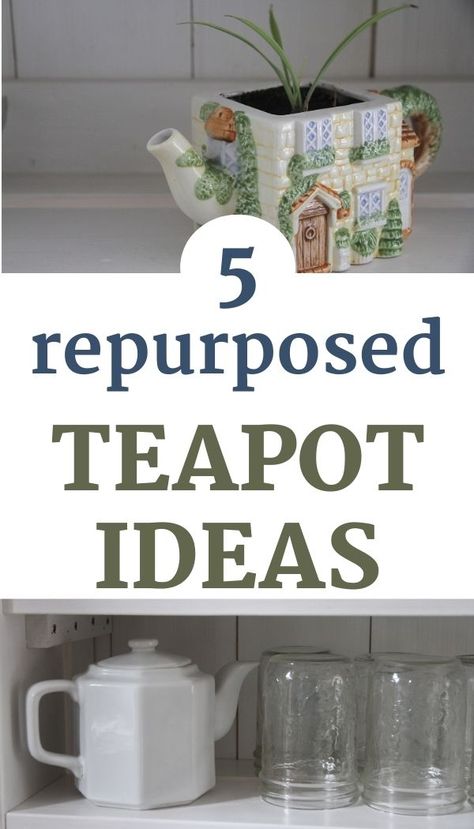 Old Tea Pots Ideas, Repurposed Tea Pots, Teapot Display Ideas, Old Tea Cups Ideas, Old Tea Pots, Teapot Crafts, Kitchen Windowsill, Local Thrift Stores, Grocery Budgeting