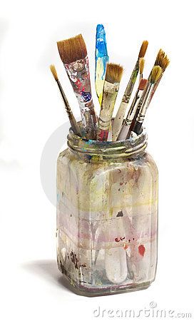 Old Dirty Jar of Paint Brushes Jar Of Paint Brushes, Art Brushes Photography, Watercolour Object Painting, Paint Brushes In Jar, Paint Brushes Drawing, Paint Brush Illustration, Old Paint Brushes, Object Painting, Jar Painting