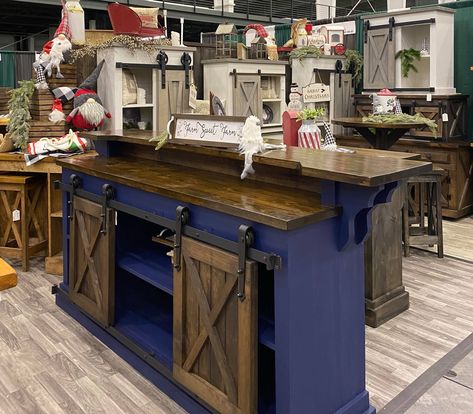 Blue bar / man cave bar / kitchen island bar , 8ft 2tier bar island bar , country farmhouse furniture cabinet, kitchen island bar , man cave , hostess station please email if you have any question before purchasing FREE SHIPPING ONLY WITHIN 100 MILES OF MARION INDIANA OR PICK UP OR SHIP.. FEES DUE APPLY IF YOU ARE SHIPPING.. THE ONLY WAIT IS FOR THE DRIVER TO PICK UP.. DELIVERY DEPENDS ON YOUR LOCATION.. BAR is COMPLETE AND READY.. NO WAITING USING THE VARIATION BAR WHEN CHOOSING TO SHIP... WE W Cabinets For Bar Area, Kitchen Island With Barn Doors, Barnwood Kitchen Island, Country Bar Ideas, Barn Door Kitchen Cabinets, Rustic Kitchen Island Ideas, Bar Cabinet Furniture, Country Farmhouse Furniture, Hostess Station