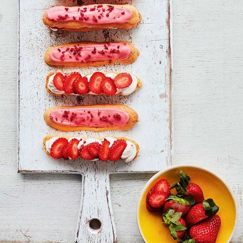 Strawberry and raspberry eclairs Recipe | Recipes from Ocado Strawberry And Cream Recipes, Strawberries And Cream Recipe, Raspberry Eclairs, Eclairs Recipe, Dinners Vegetarian, Strawberries And Raspberries, Eclair Recipe, Cooking And Baking Recipes, Strawberry And Cream