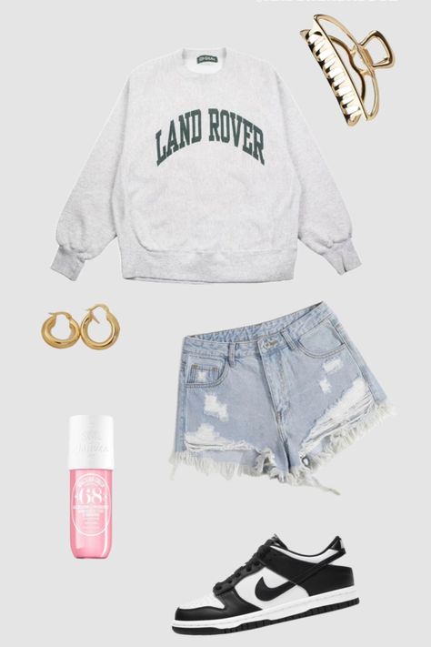 Shop this summer style. #summer #summerstyle #summerinspo #sweatshirt #casualstyle #casuallook #trendy #goldhoops #clawclip #nike #landrover #soldejaneiro #perfume #jeanshorts #summerlooks #springstyle #fallstyle Summer Letter Print Hoodie Sweatshirt, Land Rover Sweatpants, Land Rover Sweatshirt, Sweatshirt Outfit, Casual Summer Outfit, Cute Fits, Jean Shorts, Summer Looks, Land Rover