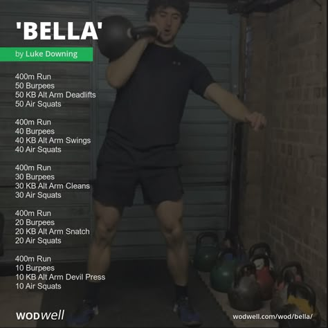 "Bella" Workout, CrossFit WOD | WODwell - 400m Run; 50 Burpees; 50 KB Alt Arm Deadlifts; 50 Air Squats; 400m Run; 40 Burpees; 40 KB Alt Arm Swings; 40 Air Squats; 400m Run; 30 Burpees; 30 KB Alt Arm Cleans; 30 Air Squats; 400m Run; 20 Burpees; 20 KB Alt Arm Snatch; 20 Air Squats; 400m Run; 10 Burpees; 10 KB Alt Arm Devil Press; 10 Air Squats Arm Wod Crossfit, Back Squat Workout Crossfit, Sandbag Workout Crossfit, Running Wods Crossfit, Devil Press Workout, Kb Wod, Kb Exercises, Hyrox Workout, Running Wod