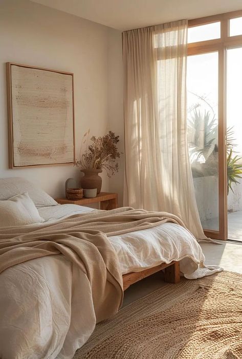 Cozy Minimalist Bedroom Design Inspiration Cozy Minimalist Bedroom, Flowing Curtains, Natural Bedroom, Cozy Minimalist, Bedroom Design Inspiration, Minimalist Bedroom Design, Large Window, Comfortable Bed, Wooden Side Table