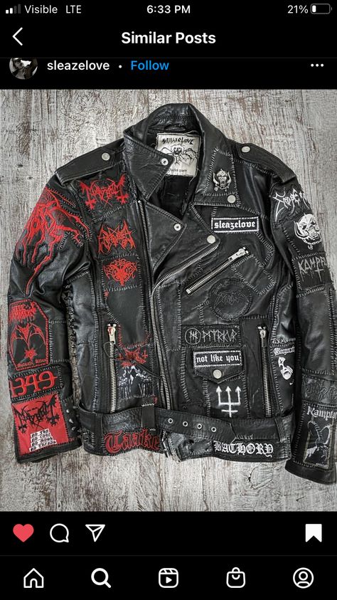 Trad Goth Battle Jacket, Crust Punk Leather Jacket, Patched Leather Jacket, Goth Battle Jacket, Battle Jacket Metal, Leather Battle Jacket, Battle Jacket Ideas, Crust Jacket, Rock Jacket