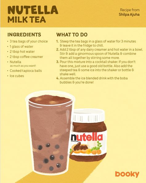 Booky Food Recipe, Food Cravings Savory, Nutella Milk, Milk Tea Boba, Cottagecore Recipes, Homemade Recipe Books, Bubble Tea Recipe, Milk Tea Recipes, Iced Drinks Recipes