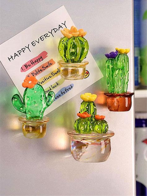 4pcs Cactus Design Fridge MagnetI discovered amazing products on SHEIN.com, come check them out! Plant Cactus, Sticker Cartoon, Sticker Decoration, Cactus Types, Magnet Crafts, Refrigerator Sticker, Cute Office, Transparent Resin, Cactus Design