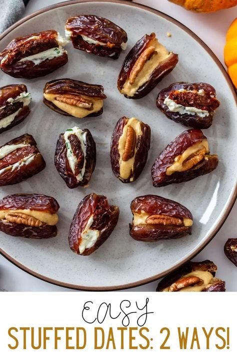 These Stuffed Dates are so simple to make and can be made sweet OR savory. Great as an appetizer or even a healthy snack! Cream Cheese Stuffed Dates, Cheese Stuffed Dates, Dates Stuffed, Pumpkin Spice Cream, Stuffed Dates, Pitted Dates, How To Make Cream, Healthy Food Menu, Make Cream Cheese