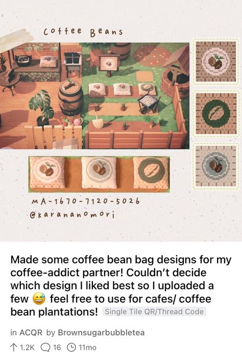 Animal Crossing Coffee Shop Design Code, Acnh Stacked Bags Design, Acnh Coffee Stall Design Code, Acnh Coffee Panel Design, Acnh Boba Shop, Acnh Cat Cafe Codes, Bean Bag Design, Coffee Bag Design, Coffee Bean Bags