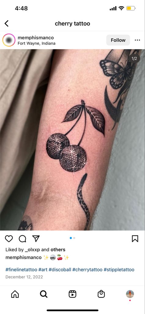 Disco Cherry Tattoo, Disco Ball Cherry Tattoo, Cherry Disco Ball Tattoo, Cherry Bomb Tattoo, Disco Ball Tattoo, Disco Cherry, Cherry Tattoo, Fruit Tattoo, Ball Tattoo