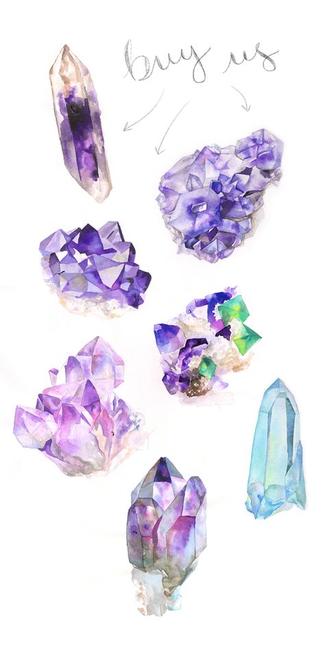 Finally posted my crystal paintings to etsy. Check it! Paintings Of Crystals, Amethyst Crystal Tattoo Ideas, How To Paint Crystals, Amethyst Crystal Tattoo, Cristals Gems, Amethyst Drawing, Amethyst Watercolor, Amethyst Tattoo, Crystals Illustration