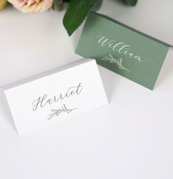 Delicate Foliage Personalised Wedding Place Cards By Project Pretty | notonthehighstreet.com Christmas Name Place Cards, Wedding Name Place Cards, Name Place Cards Wedding, Wedding Miscellaneous, Wedding Name Tags, Personalized Place Cards, Classic Calligraphy, Place Card Table Wedding, Place Cards Wedding