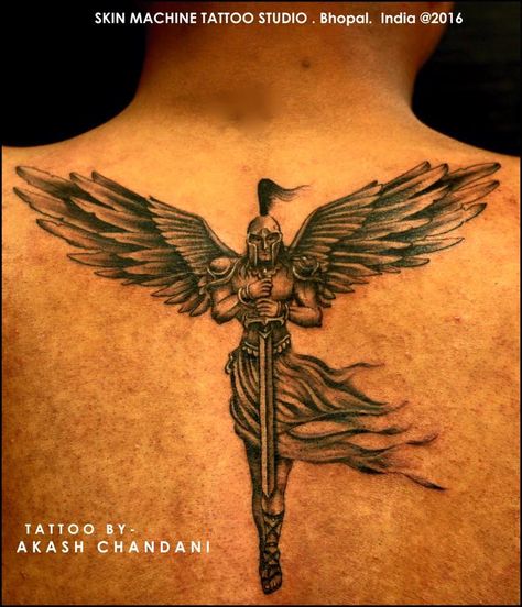 Angel soldiers are often portrayed with wings and a sword. They are fighters who represents all that is good in life and the afterlife and the fight against evil. Angel soldiers fight on behalf of God.  Tattoo done with great details by Akash Chandani @the_inkmann at Skin Machine Tattoo Studio  Hope you guys like this too.. :)... See More Guarding Angel Tattoo, Gods Soldier Tattoo, Angel Swordsman Tattoo, Soldier Of God Tattoo, Angel With Wings Tattoo, Afterlife Tattoo, Angel Warrior Tattoo, Fighter Tattoo, Warrior Angel