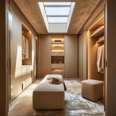 64 His-and-Her Walk-In Closets Bathed in Natural Light (Concept Interiors) Dressing Room With Skylight, Closet With Skylight, Walkin Closets Design, Closet Organisation, Eclectic Minimalist, Wardrobe Interior, Closet Design Layout, Walk In Robe, Wardrobe Interior Design