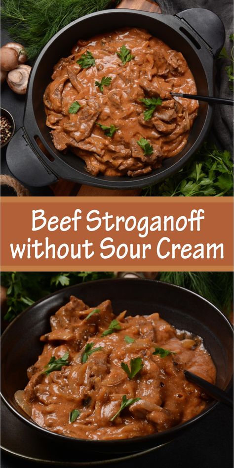 A new take on the classic recipe, this Beef Stroganoff without sour cream promises to satisfy your taste buds with the flavors of savory, tender beef, fragrant herbs, and a velvety sauce that ties it all together. Beef Stroganoff No Sour Cream, Beef Stroganoff Without Sour Cream, Sour Cream Recipes Dinner, Creamy Beef Stroganoff, Basic Meals, Beef And Mushrooms, Tomato Paste Recipe, Sour Cream Recipe, Beef Stroganoff Easy