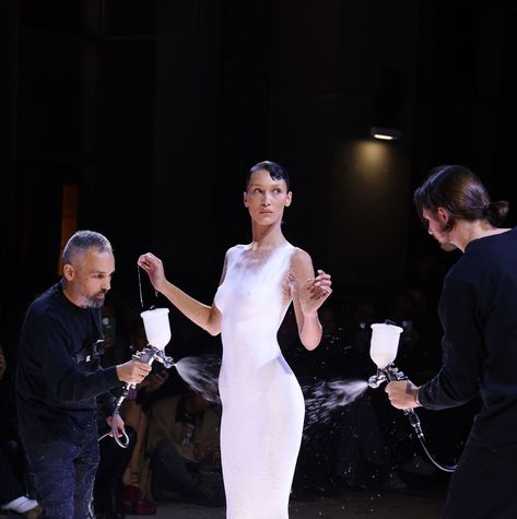 bella hadid being spray painted at coperni spring 2023 Coperni Runway, Bella Hadid Coperni, Adele Interview, Peter White, Never Been Loved, Mario Sorrenti, Rehearsal Dress, Anthony Vaccarello, Someone Like You