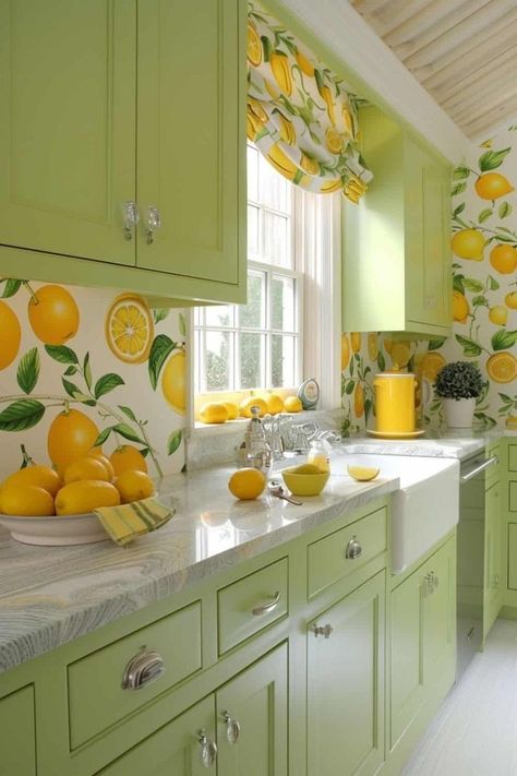 Lemon Themed Kitchen, Spanish Kitchen Design, Cabinet Color Ideas, Citrus Kitchen, Kitchen Cabinet Color, Kitchen Cabinet Color Ideas, Lemon Kitchen Decor, Squeeze The Day, Lemon Kitchen