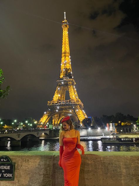 Red dress in Romantic Night Paris Evening In Paris Theme Party Dress, Paris Themed Dress, Night In Paris Homecoming Dresses, A Night In Paris Theme Dresses, Paris Brunch, Paris Prom, Night Paris, Night In Paris, Eiffel Tower At Night