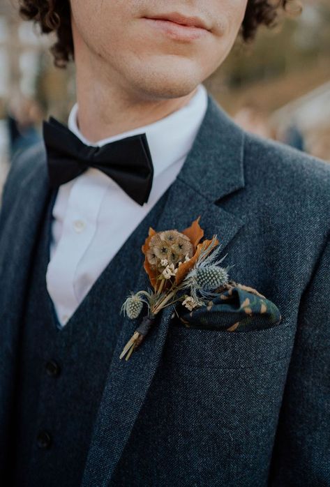 Scabiosa Pod Boutonniere, Fall Wedding Boutonniere, White Waxflower, Thistle Boutonniere, Muted Autumn, Scabiosa Pods, Copper Beech, Blue Thistle, Wedding Boutonniere