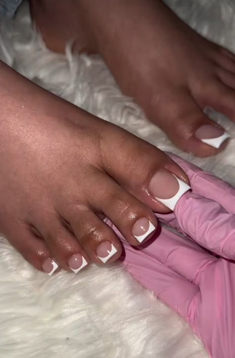 Milky White And Red Nails Acrylic, Cute Acrilyc Nail Ideas, White French Toes, White French Tips Acrylic, White French Pedicure, Long White French Tip Nails, Red French Tip Toes, White French Tip Toes, French Tip Toes With Design