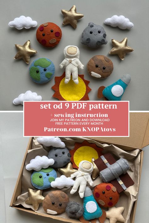 Well-Explained Instructions ✷ baby felt garland or baby mobile would be easy to make with this pattern! Well-explained, easy-to-follow, and definitely will give you a cute result, these patterns, and instruction PDF will help you make your crib nursery decor! Join my Patreon and learn to sew with felt. Felt Stuffed Toys, Sewing Patterns For Toys, Baby Toys Sewing Patterns, Felt Patterns Templates, Homemade Felt Toys, Hand Sewn Felt Projects, Felt Sewing Projects Free Pattern, Felt Toys For Kids, Diy Baby Gifts For Boys