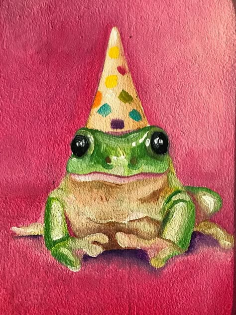 Cute Acrylic Drawings, Frog Oil Painting, Stuffed Animal Painting, Funny Animal Sketches, Birthday Frog Drawing, Frog Painting Ideas On Canvas, Watercolor Frog Easy, Funny Watercolor Paintings, Painting Ideas Funky