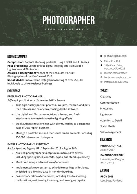 Photographer Resume Sample & Writing Tips | Resume Genius Photographer Resume Example, Cv For Photographer, Photographer Resume Design, Resume For Photographer, Job Questions, Photography Resume, Photographer Resume, Photographer Templates, Engineer Resume