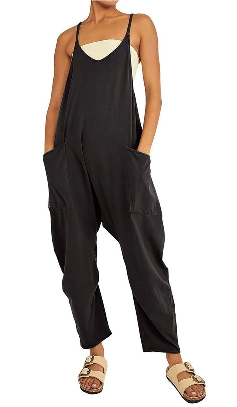 PRICES MAY VARY. 【A Wardrobe Essential】:Stretchy material, soft and comfy, Our Women's Overalls are a must-have item for the summer wardrobe, featuring delicate shoulder straps suitable for both casual and work settings. 【Combining Practicality and Fashion】: Our Casual Summer Jumpsuits are equipped with convenient pockets to hold your phone. Whether you're running errands, studying, or hanging out with friends, these jumpsuits offer both practicality and style. 【Fashionable Item】: This 2024 spri Soft Overalls, Strap Pants, Fall Vacations, Pocket Jumpsuit, Jumpsuit Casual, Cami Jumpsuit, Wide Leg Romper, Black Overalls, Knit Jumpsuit