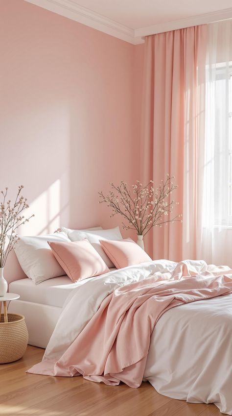 Pink Tones Bedroom, Light Pink Room Walls, Pink And Lilac Bedroom, Pink Adult Bedroom Ideas, Subtle Pink Bedroom, Pale Pink Bedroom Walls, Pale Pink Bedroom, Room Ideas Bedroom Cozy, Soft Pink Bedroom