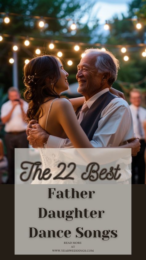 A father and daughter share a joyful, tender dance at an outdoor wedding, surrounded by fairy lights and smiling guests, capturing their special bond. Songs For Father Daughter Dance Wedding, Father And Daughter Wedding Dance Songs, Father Daughter Songs For Quinceanera, Father And Daughter Songs, Best Father Daughter Dance Songs, Songs About Daughters, James Taylor Lyrics, Stevie Wonder Lyrics, Father And Daughter Dance