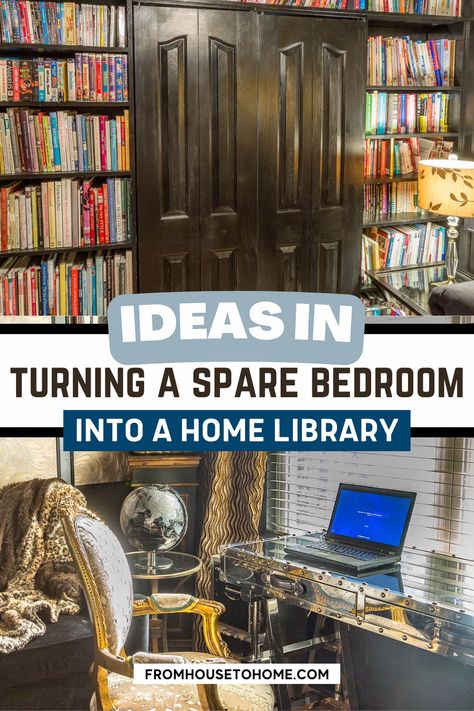 Transforming a spare bedroom into a functional and cozy home office library. Small Home Office Library, Small Library Room Ideas, Office Library Ideas, Gold Decor Ideas, Small Home Library Ideas, Floor To Ceiling Bookshelves, A Reading Nook, Paneled Library, Faux Tin Ceiling Tiles