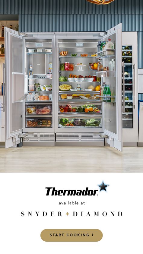 Thermador fridges take personalization to a new level. With shelves and bins you can rearrange, humidity and temperature controls accessible anywhere, and many other features encased in an elegant stainless steel panel, they have everything you could want. See for yourself. Gourmet Kitchen Ideas, Thermador Refrigerator, Thermador Kitchen, Smeg Victoria, Theater Lighting, Good Luck Today, Present Card, House Of Rohl, Thermador Appliances