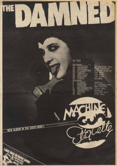 The Damned’s “Machine Gun Etiquette” promo - 1979. 70s Punk, The Cab, Goth Bands, Rock Band Posters, Punk Poster, Music Flyer, Arte Punk, Club Music, Punk Rock Bands