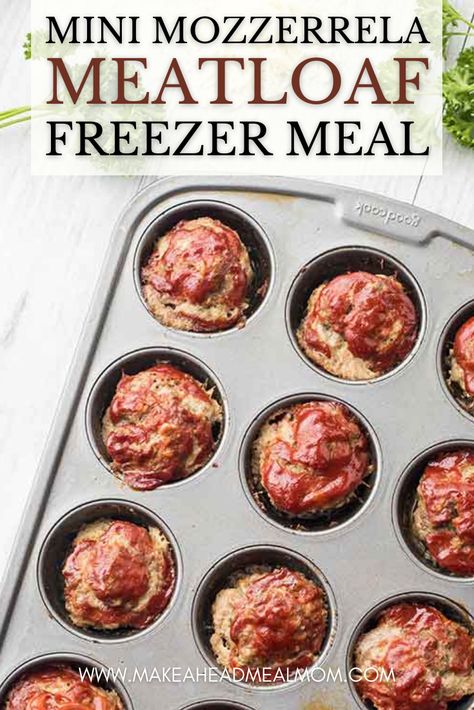 Overhead shot of mini meatloaves baked in a muffin tin, ready to be put into the freezer. Freezer Meatloaf Muffins, Mini Meatloaf Meal Prep, Make Ahead Meatloaf To Freeze, Freezer Meatloaf Make Ahead, Mozzarella Meatloaf, Freezing Meatloaf, Pan Meatloaf, Mini Turkey Meatloaf, Mini Meatloaf Muffins