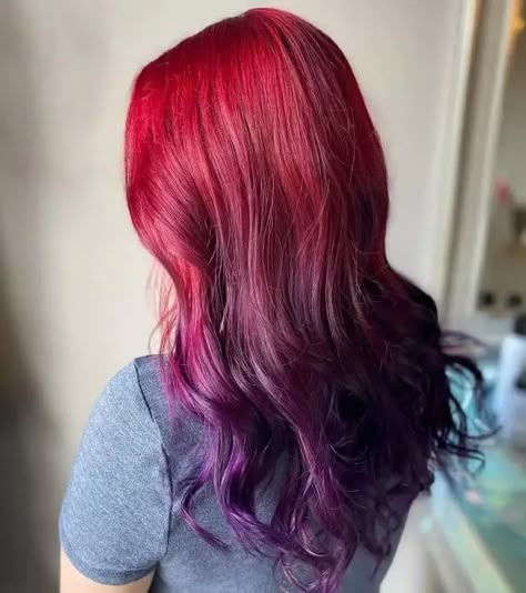 Red Hair With Colored Tips, Red And Purple Ombre Hair, Red Hair Gradient, Red Purple Ombre Hair, Purple To Red Ombre Hair, Purple And Red Hair Ombre, Red To Purple Hair, Dark Red And Purple Hair, Red Gradient Hair