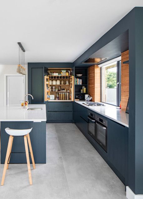 Blue, White and Wood Kitchen Packed With Storage Blue Kitchen Wooden Floor, Brown Blue White Bedroom, Kitchen Blue White Wood, Blue White Wood Kitchen, Kitchen Blue And Wood, Blue And Natural Wood Kitchen, Wood And Blue Kitchen, Blue And Wood Kitchen, Blue Wood Kitchen