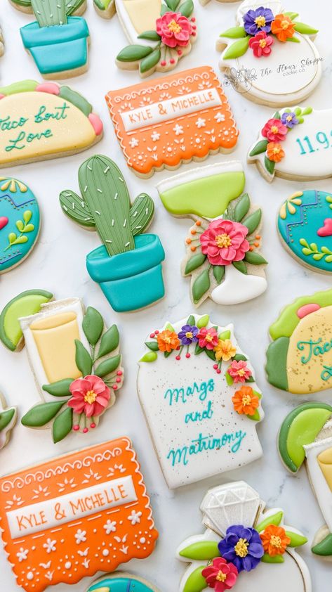 Bright Fiesta Bridal Shower Bachelorette Party Sugar Cookies. Margs and Matrimony theme Featuring Fiesta, taco details, cactuses, and margaritas and tequilla. Bright royal icing flowers added details to the cookies. Custom Royal Icing Sugar Cookies by the Flour Shoppe Cookie Co located in Omaha, Nebraska. Marks And Matrimony Cookies, Tacos And Tequila Cookies, Engagement Party Taco Theme, Fiesta Wedding Cookies, Mexican Decorated Cookies, Talavera Cookies, Final Fiesta Cookies, Fiesta Bridal Shower Cookies, Taco Bout A Wedding