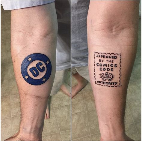 My current tattoos (Classic DC Bullet logo and Comic Code Authority seal) Saga Tattoo Comic, Dc Comic Tattoo Ideas, Dc Comic Tattoo, Dc Comics Tattoos Ideas, Comic Tattoo Ideas, Dc Comics Tattoos, Dc Tattoo Ideas, Dc Comics Tattoo, Dc Tattoos