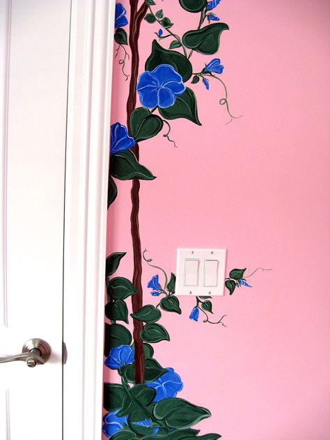 Morning Glory Wall, Painted Bedroom Doors, Wall Painting Flowers, Art Paint Party, Morning Glory Vine, Painted Bedroom, Vine Drawing, Nursery Door, Flower Door