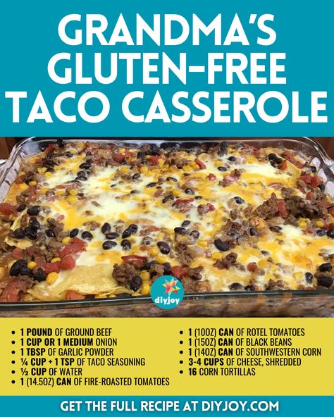 Gluten Free Taco Casserole, Gluten Free Taco, Corn Tortillas Tacos, Cornbread Muffins Recipe, Bacon Chili, Gluten Free Tacos, Slushie Recipe, Taco Casserole, Beef Casserole Recipes