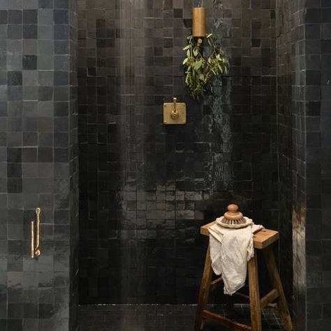 Moody Bathroom, Dark Bathrooms, Garage Renovation, Stone Counters, Wall Mount Sink, Concrete Steps, Zellige Tile, Wooden Stairs, Ceramic Floor Tiles