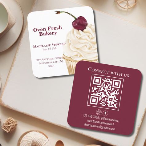 Elegant Cupcake QR Code Maroon Bakery Black Bakery, Cupcake Business Cards, Elegant Cupcakes, Bakery Business Cards, Illustrator Design Tutorial, Bakery Business, Code Black, Square Business Card, Diy Business