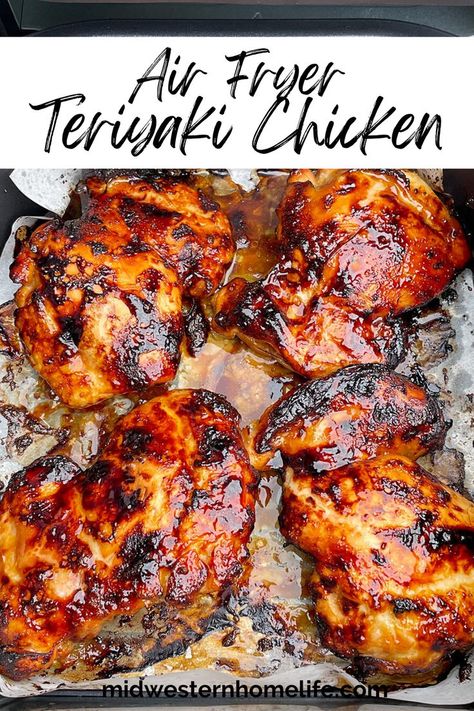 Teriyaki chicken in an air fryer basket. Teriyaki Chicken Thighs Boneless, Homemade Teriyaki Marinade, Air Fryer Recipes Asian, Chicken Thigh Teriyaki, Air Fryer Teriyaki Chicken, Teriyaki Chicken Marinade, Teriyaki Chicken Thighs, Chicken Thighs In Oven, Air Fryer Recipes Chicken Thighs