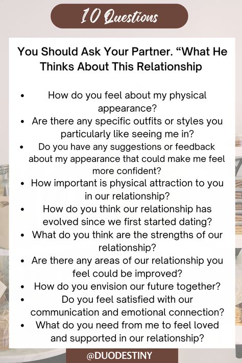 Explore deeper connections with your partner by asking meaningful questions about their perceptions of your appearance and thoughts on your relationship. 💬 #RelationshipQuestions #DeepConversations #IntimateTalks #PartnershipInsights #AppearanceFeedback #RelationshipReflections #CommunicationIsKey #UnderstandingYourPartner #LoveAndConnection #BondingMoments Good Truths To Ask, 2024 Questions, Meaningful Questions, Rekindle Relationship, Questions To Ask Your Partner, Better Partner, Relationship Motivation, Spiritual Questions, Relationship Expectations